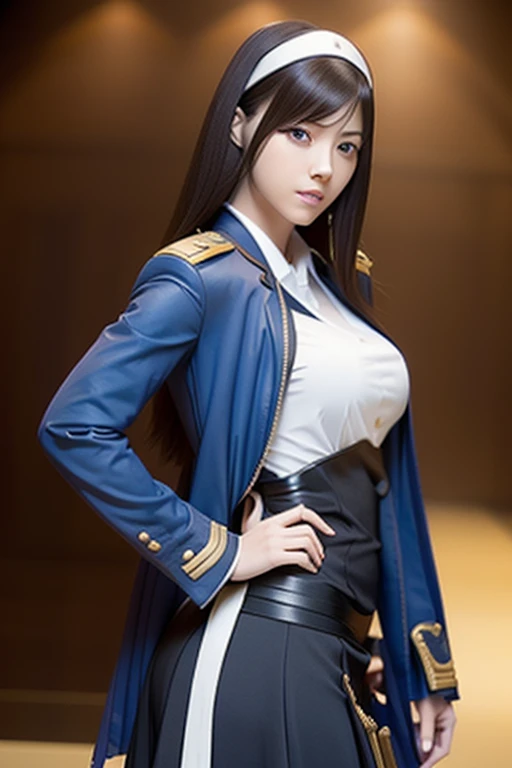 There is a woman in uniform posing with a gun, Thighs and skirt, Caitlin from League of Legends, Enchanting anime girl, West Shot, Highly detailed alto jam, Anime Girl Cosplay, Murata Range and Alto Jam, Beautiful and attractive anime women, Azur Lane Style, lower angle, Thigh close-up, Captivating portrait of Tifa Lockhart