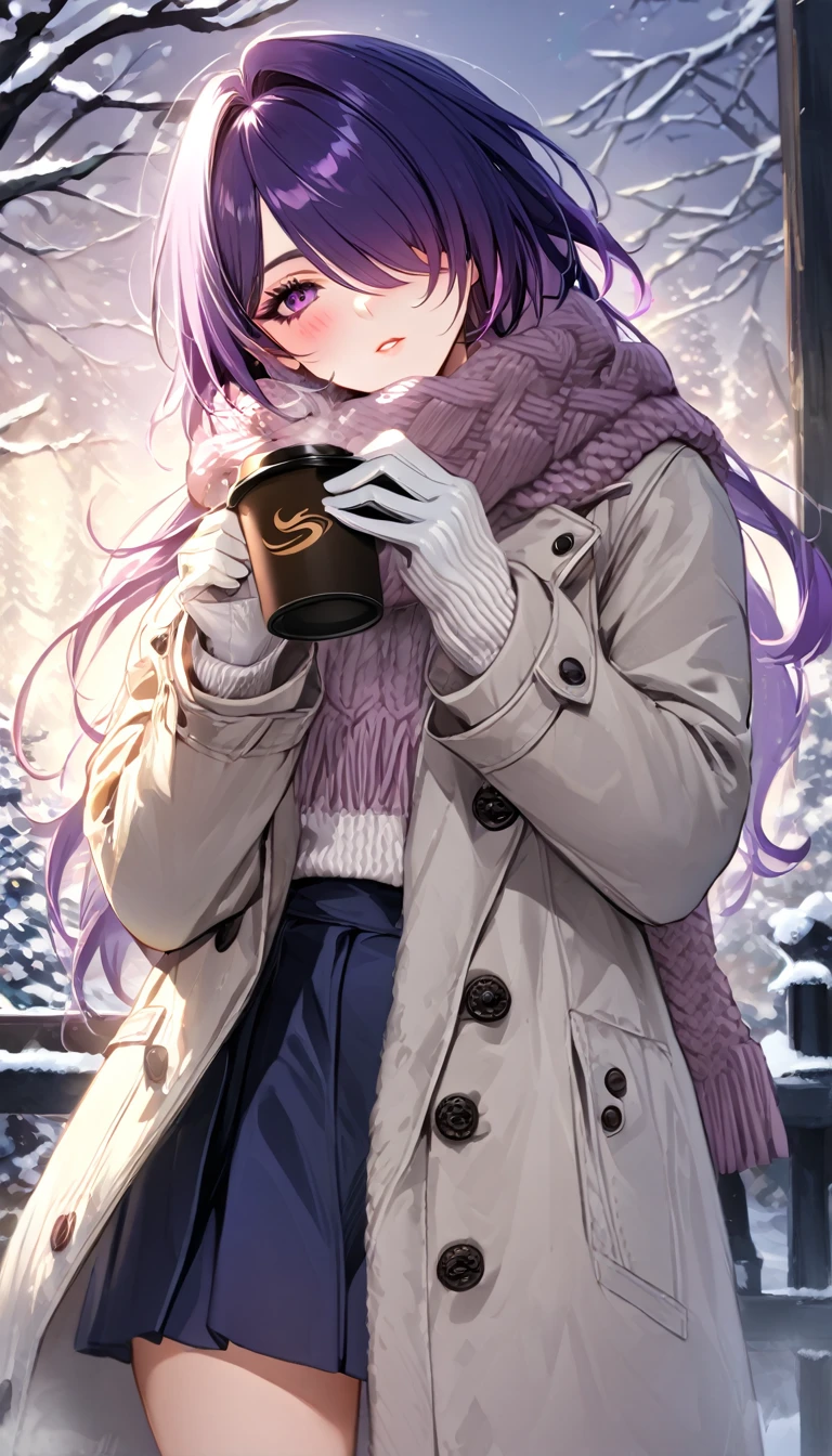 ultra HD, high-resolution, detailed, (highly detailed:1.5), (sharp focus:1.4), (crisp edges:1.3), 1girl, acheron \(honkai: star rail\), purple hair, hair over one eye, long hair, purple eyes, looking at view, blush, winter smoke, (long wool coat:1.5), (cozy scarf:1.6), (knit sweater:1.4), (tailored skirt:1.5), (gloves:1.3), (purple palette:1.4), (casual winter fashion:1.6), (coffee cup:1.4), (soft winter lighting:1.3), (cold weather attire:1.4), (comfy winter outfit:1.5), 