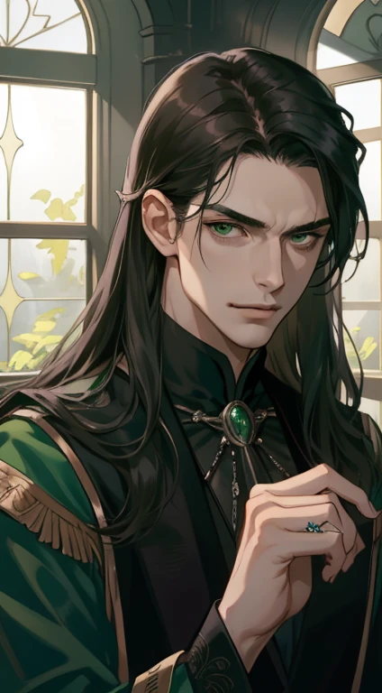 masterpiece, best quality, realistic, 1man, male focus, male model, tall muscular, handsome, closed mouth, close up, portrait, extremely detailed face, detailed eyes, arrogant smirk, long dark wavy hair past his shoulders, He's wearing all gothic wizard style dark clothes, rings on his fingers, fair skin, deep green eyes, background is castle window with light streaming through the window, looking at the viewers, MALE ONLY, MALE 4K wallpaper