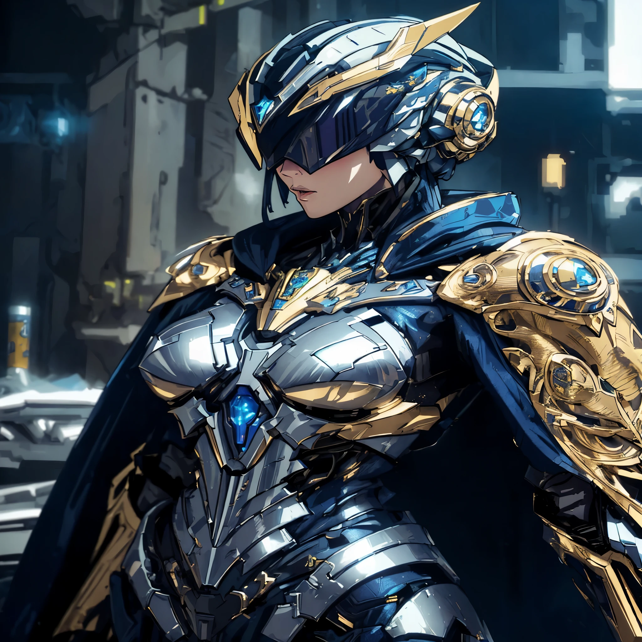 a close up of a woman in a costume with a cape, stunning armor, beautiful armor, porcelain cyborg armor, ornate cyberpunk armor, very stylish fantasy armor, girl in mecha cyber armor, wearing witchblade armor, cyberpunk robotic elvish queen, stylish cyborg armor, ornate cosplay, of a beautiful female warframe, intricate cyberpunk armor, perfect anime cyborg woman