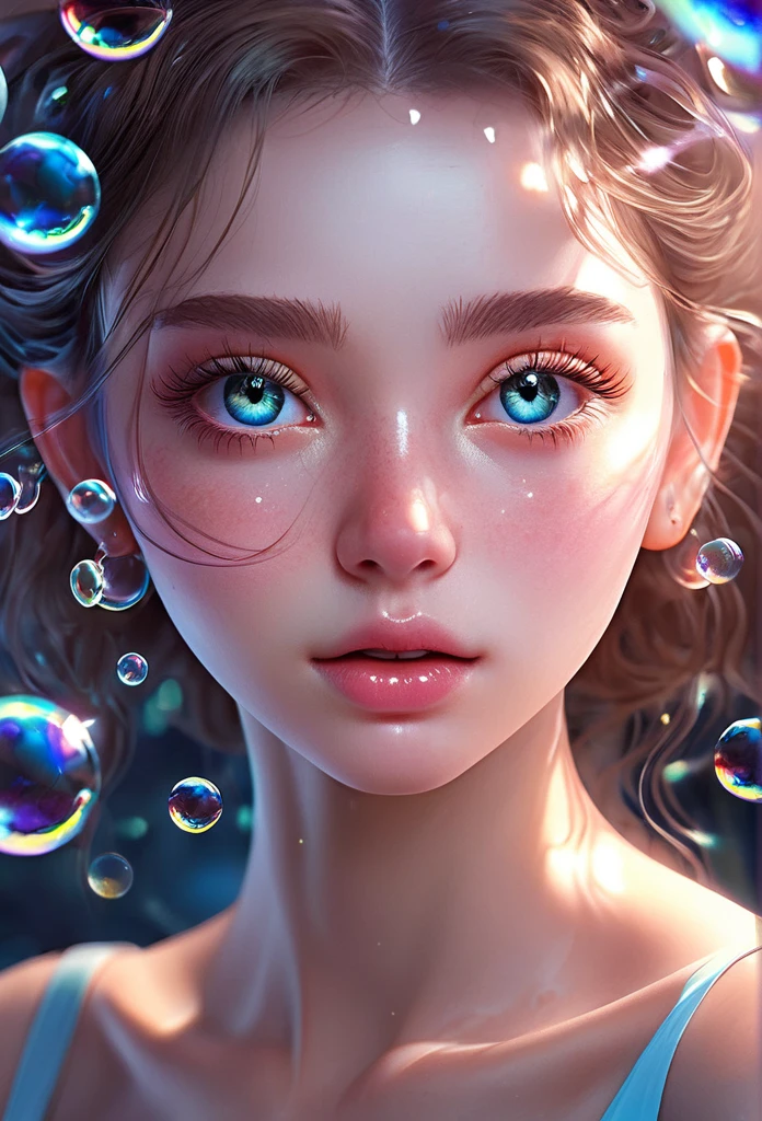 1 girl, beautiful detailed eyes, beautiful detailed lips, extremely detailed eyes and face, long eyelashes, angelic, ethereal, floating, dramatic lighting, vivid colors, glowing glass, colorful bubbles, album cover, 8k, high quality, official art, incredibly detailed CG, Unity, wallpaper, masterpiece, photorealistic, bare thighs, aqua eyes, color contact lenses, stars in eyes, detailed hands