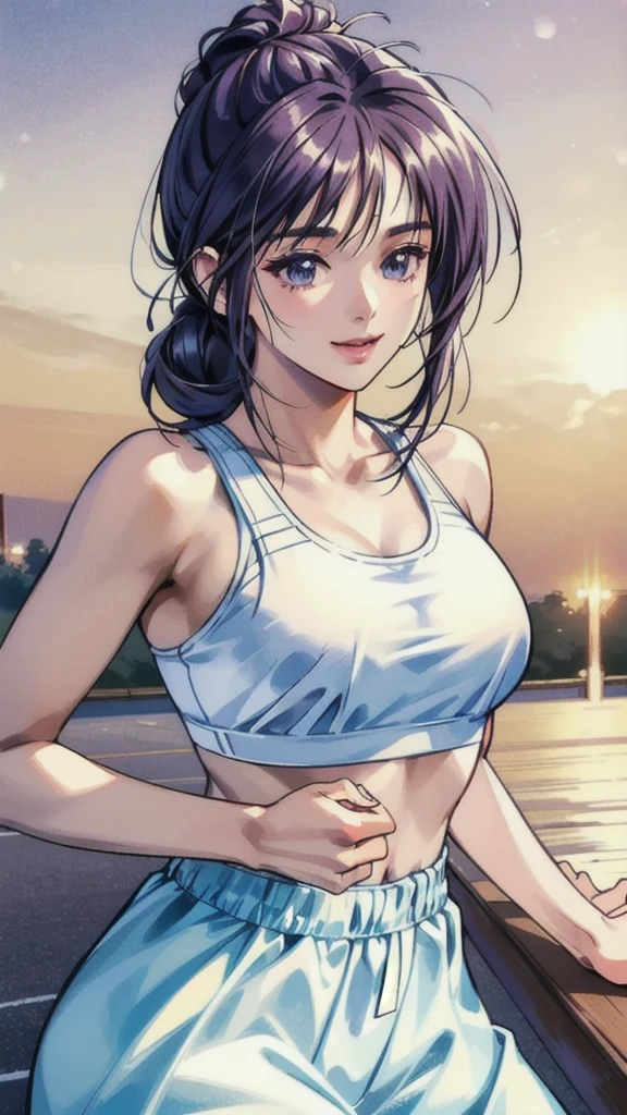 Motorcycle anime girl in short white mini skirt and blue leather bra、breastsout、White silk panties、blured background、1girl in、Race Queen、flaxen-brown ponytail、Ninja 250KRT Color、bblurry、A smile、a navel、looking at the viewers、outside of house、Skindentation、tag、solofocus、The bikini、Brown-eyed、swim wears