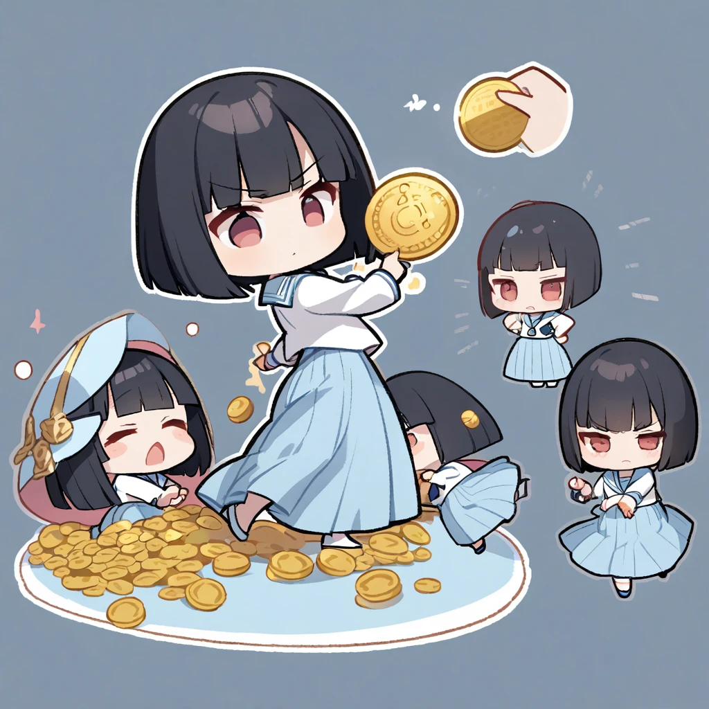 
Chibi Characterな***、Serious face、(Pearlﾋﾟｱｽ、Black Hair、Bobcut、Light blue sailor suit、Long skirt、flicking a gold coin with one&#39;s finger), Best Hand 、Schoolyard、Masterpiece、超Masterpiece、anime、Cel painting、16K、Precise illustrations、Highest quality、Detailed depiction、Chibi Character、
