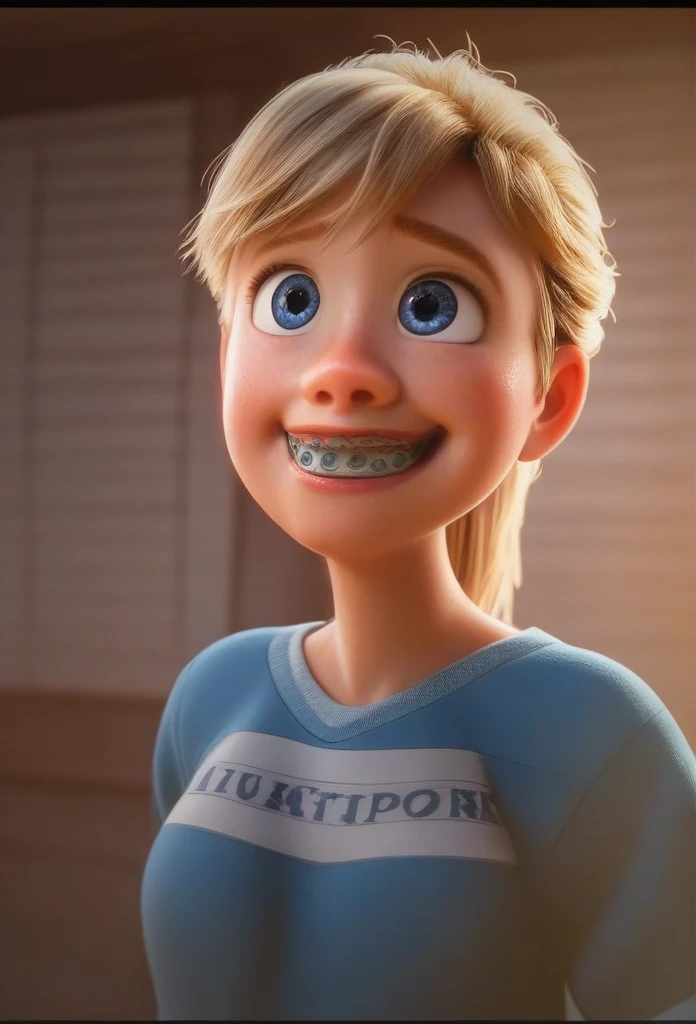 1 girl, breasts, blue eyes, fringe, blond hair, Horse tail, Riley from Inside Out 2. adult girl. 18 years, hot High resolution, masterpiece, necessary, anatomically correct, The best quality, High details, HD Model, high quality, smile, smile ligera, clenched teeth, braces