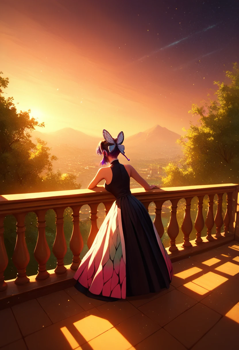 Shinobu Kocho, black sleeveless dress, golden details,jewelry,on a balcony,evening, light particles,HD, 8k,(masterpiece),very good quality,very good details,detailed tips,4k