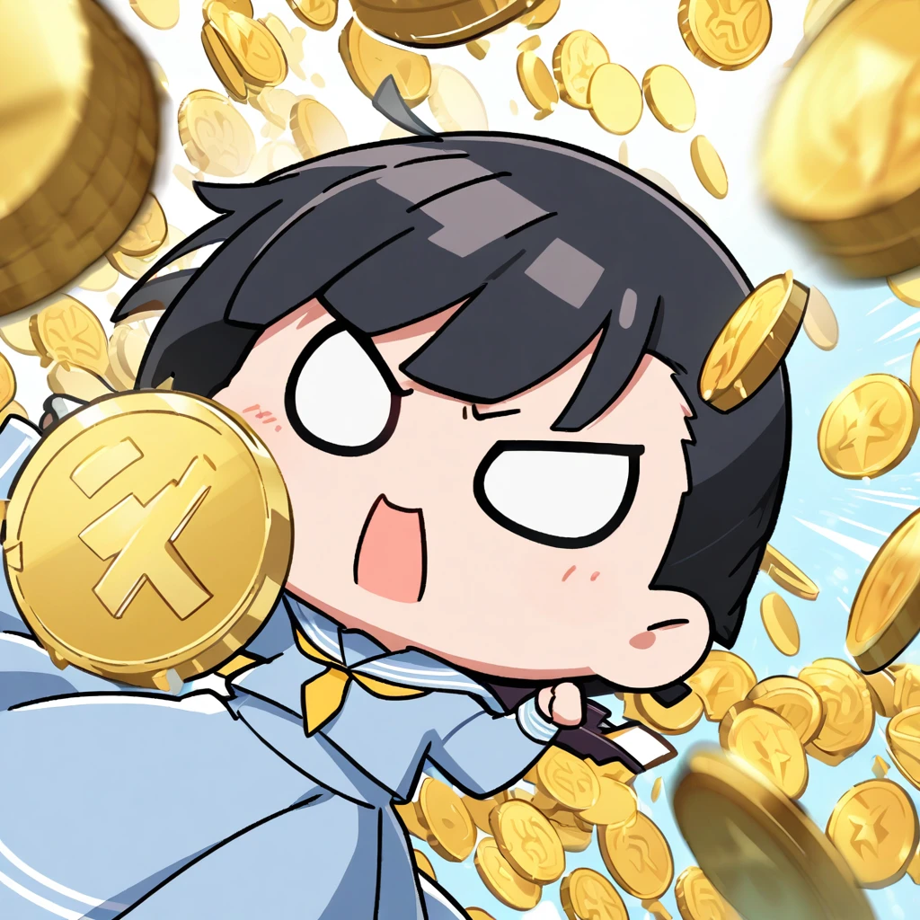 Chibi character girl、Serious face、(Pearlﾋﾟｱｽ、Black Hair、Shortcuts、Light blue sailor suit、Long skirt、flicking a gold coin with one&#39;s finger), Best Hand 、Schoolyard、Masterpiece、超Masterpiece、anime、Cel painting、16K、Precise illustrations、Highest quality、Detailed depiction、