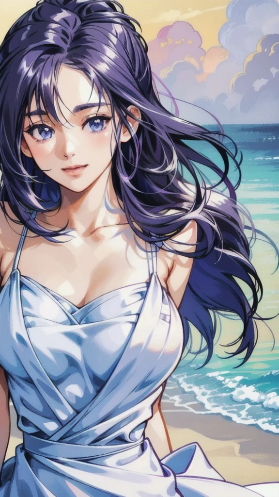 (masterpiece:1.3, Highest quality, Ultra-high resolution, Super detailed), (Realistic, photoRealistic:1.4), Beautiful illustrations, Perfect lighting, Natural light, colorful, Depth of written boundary, Surrealism,
Beautiful detailed hair, Beautifully detailed face, Beautiful attention to detail, Beautiful clavicle, Beautiful body, Beautiful breasts, Beautiful thighs, Beautiful feet, Beautiful fingers, Shiny skin, 
View your viewers, 1 Girl, Japanese, 17 years old, (Perfect Anatomy, Anatomically correct, Highly detailed skin), Cute and symmetrical face, Baby Face, Perfect Face, Perfect Eyes, thin, 
(Long Hair:1.8, Straight hair, Black Hair), bangs, Purple eyes, Droopy eyes, Long eyelashes, Large Breasts、
Blue skirt style bikini：1.4,　White rash guard,
(Beautiful views), noon, Seaside,  (Cute smile, Part your lips),