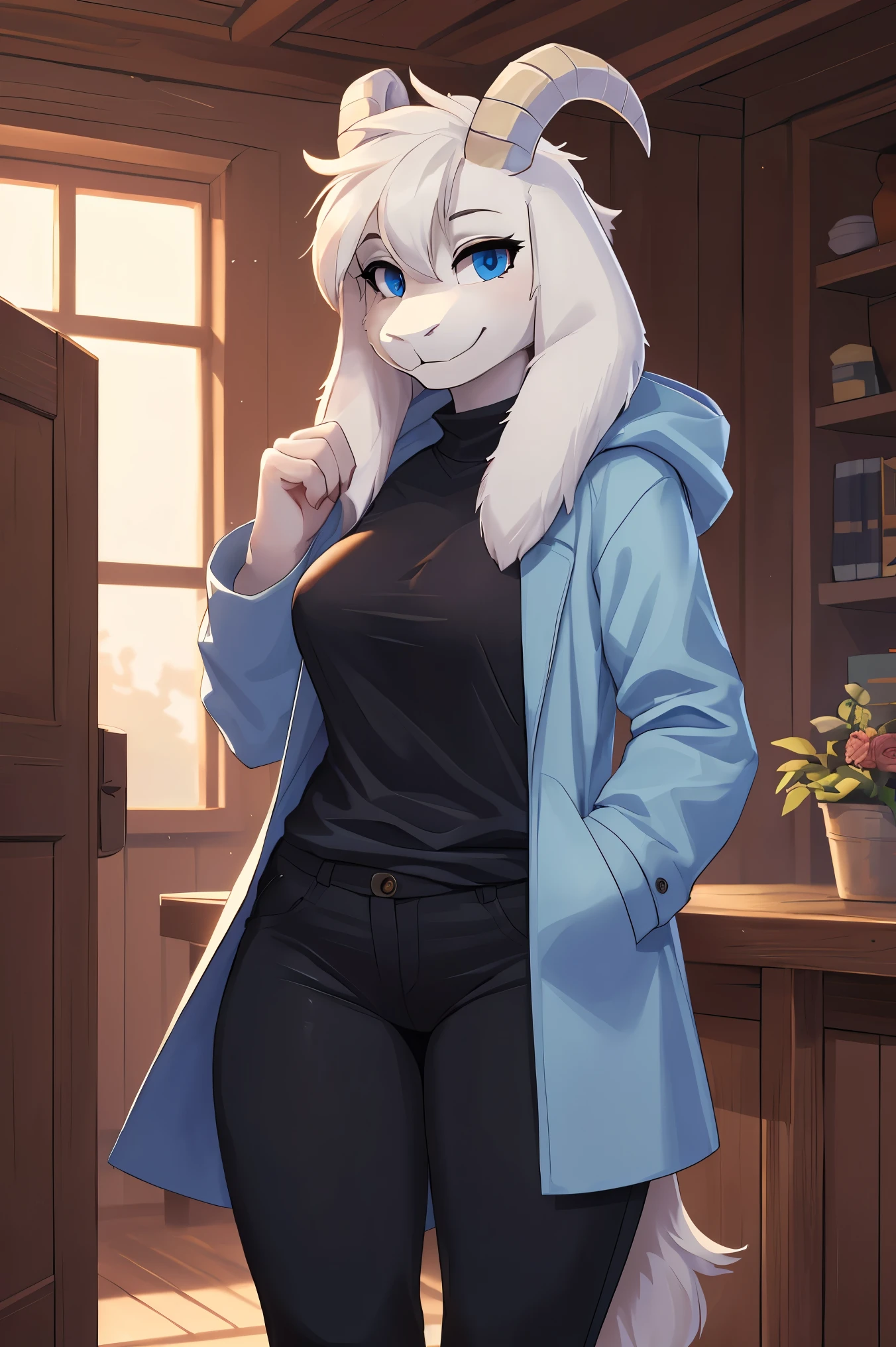 woman, young adult, alone, in a house, hairy, goat, anthropomorphic goat, Asriel, Undertale ((Asriel Dreemurr)), average breasts, big ass, average hips, perfect body, tall, ((long hair, long white hair )), blue eyes, anthropomorphic face, cartoon, smile, Eskimo coat ((blue coat, no drawing, Eskimo coat)), metacarpal paw, black blouse ((black shirt, black pants)), goat's tail, short horns, white horns ((droopy ears, big ears)), looking at the viewer, goat paw, anthropo paw, detailed, best quality, best detail, details and quality.