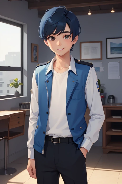 1boy, solo, pretty boy, short blue hair, bob-cut style, brown eyes, (Wearing: opened blue jacket, white undershirt and black pants), looking at viewer, smiling, his appearance reflects his cute and innocent personality
