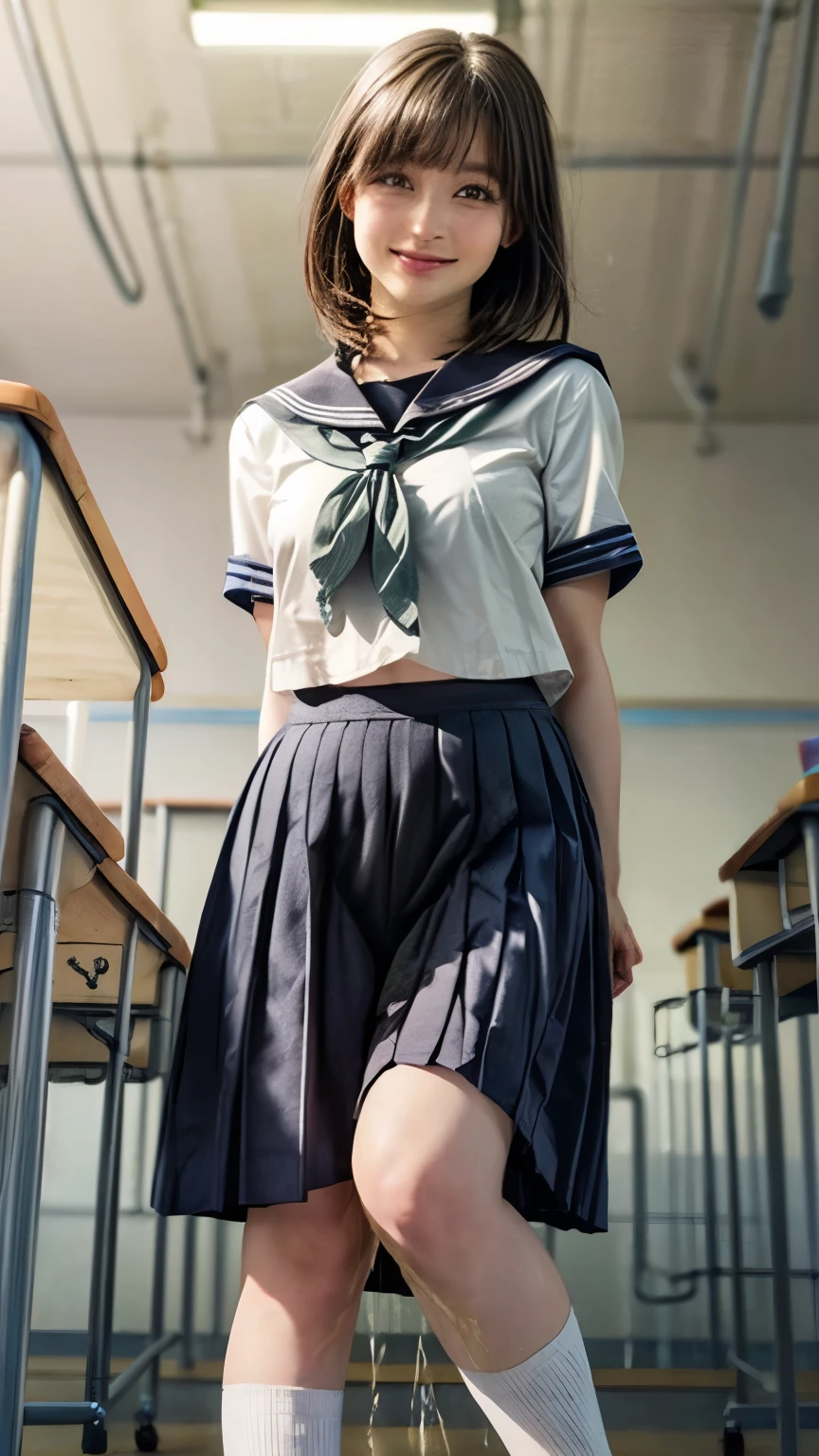 (realistic, photo-realistic, best quality, masterpiece), intricate details, extremely detailed, (frontal photography, facing viewer), solo, a Japanese mature, (white top, navyblue skirt, socks, loafers, serafuku, school uniform:1.3), (large breasts), dark hair, short bob hair, pale skin, (detailed face, detailed eyes, sophisticated nose), (peeing self, urinate a lot while standing in classroom, urination:1.5), (pee puddle, pee stain, big smile:1.2), photo background, indoors, school,