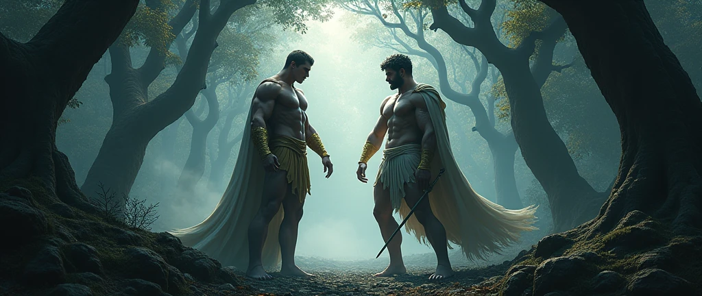 Create an image of stoic defiance, with Seneca and Marcus Aurelius facing each other, standing on a large rock ,with lightning bolts.
Inviting to shirtless and body challenges