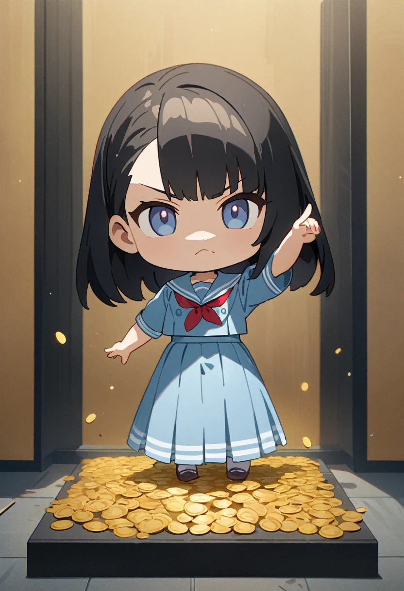 Chibi character girl、Serious face、(Pearlﾋﾟｱｽ、Black Hair、Shortcuts、Light blue sailor suit、Long skirt、Flick a gold coin with your finger), Best Hand 、The background is the schoolyard、Masterpiece、超Masterpiece、anime、Cel painting、16K、Precise illustrations、Highest quality、Detailed depiction、