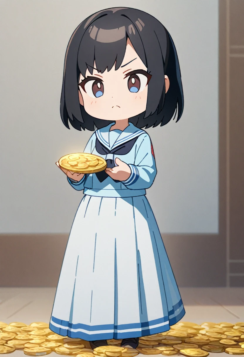 Chibi character girl、Serious face、(Pearlﾋﾟｱｽ、Black Hair、Shortcuts、Light blue sailor suit、Long skirt、Flick a gold coin with your finger), Best Hand 、The background is the schoolyard、Masterpiece、超Masterpiece、anime、Cel painting、16K、Precise illustrations、Highest quality、Detailed depiction、