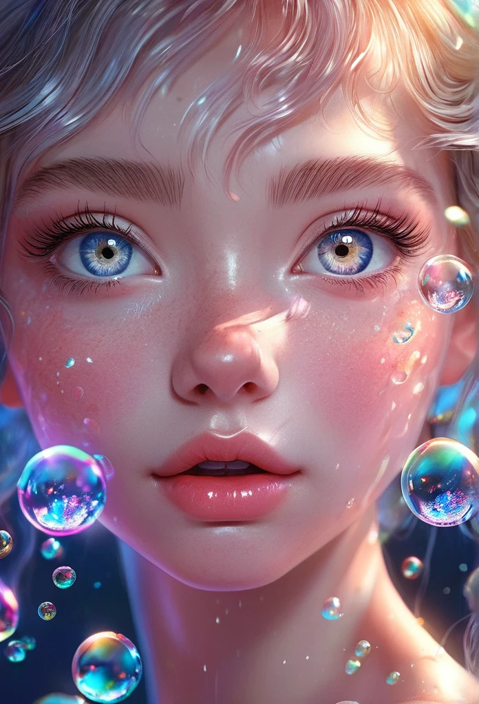 Full body angle, one girl, beautiful detailed eyes, beautiful detailed lips, highly detailed eyes and face, long eyelashes, angelic, spiritual, floating, dramatic lighting, vivid colors, glowing glass, colorful bubbles, album cover, 8k, high quality, official art, amazingly detailed, Unity, wallpaper, masterpiece, realistic, bare thighs, aqua eyes, colored contact lenses, stars in eyes, detailed hands, ultra realistic photo, natural light, realistic, highly detailed, photography, masterpiece, high quality,