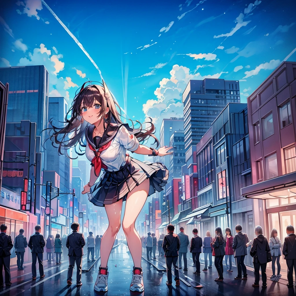 Composition seen from below Blue sky, thunderclouds, sunlight, masterpiece Anime style delicate painting 4K 90's Huge Multiple crowds Crowd in a big city Many people ((Giant high school girl standing in the valley of skyscrapers)) Big city, Tokyo Akihabara Electric Town, Big Breasts, High School Girl, Red School Uniform, Sailor Uniform, Skirt, Transparent Costume, Lots of Sweat, Splashes of Water, Sneakers, Watch, Black Hair, Smile, Female Titan Giant Girl Full Body Crowd Unreal Engine, Cleavage, picture, earrings, long hair, cute picture, beauty, analog style, whole body, sneakers,GTS, Giantess Female Giant, huge high school girl in the valley between buildings, skyscraper area, big city, school uniform