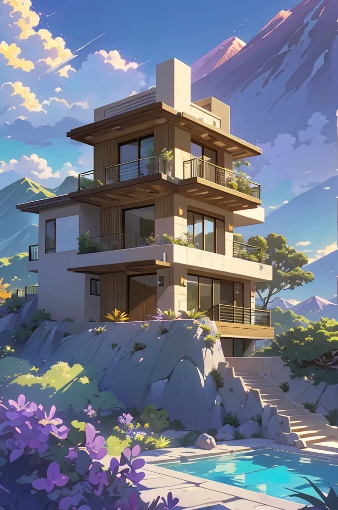 small and beautiful modern house in top of big boulders, terraces, pool, stairs, multiple cacti gardens, palms, trees, rocks, beautiful landscape design, mountains and volcano y background, amazing clouds, sun, moon, planets, milky way galaxy, concrete, wood, glass and steel materials, olive green, violet, orange and withe colors in facade