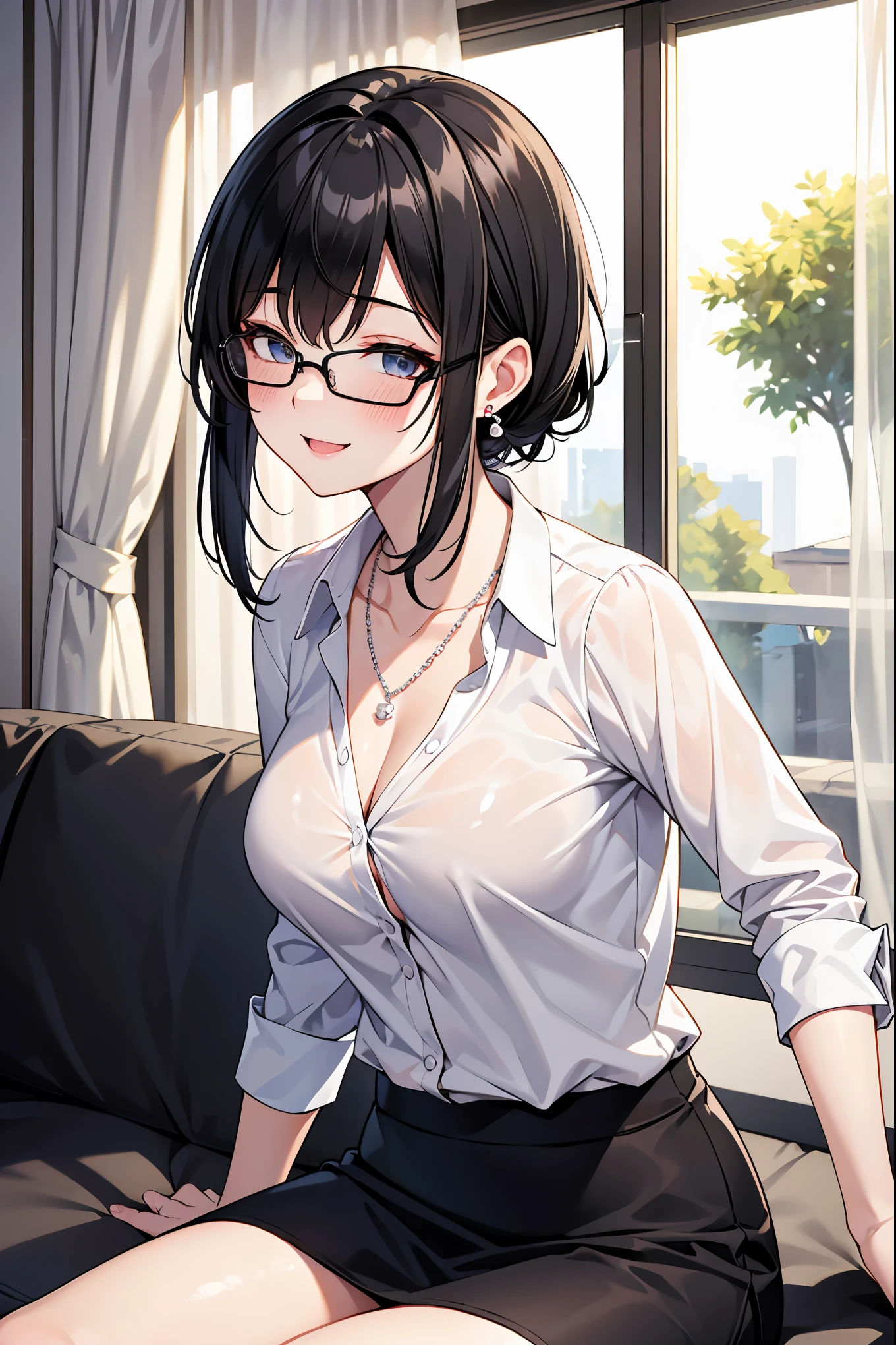 （（super high quality,））（（Ultra-high resolution,））（16K,）（super masterpiece,）（（Ultra HD ,））（Detailed shading,）The living room bathed in morning sunlight,Photo from the waist up,One sexy mother,Staring at me,（（popped Tight collar White shirts,））The second button is undone,Folded sleeves,（Black tight mini skirt,）,blush,smile,Glasses,necklace,Pearl Earrings,wedding ring,Touching the head with one hand,