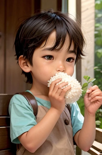 A boy holding a rice ball close to his mouth