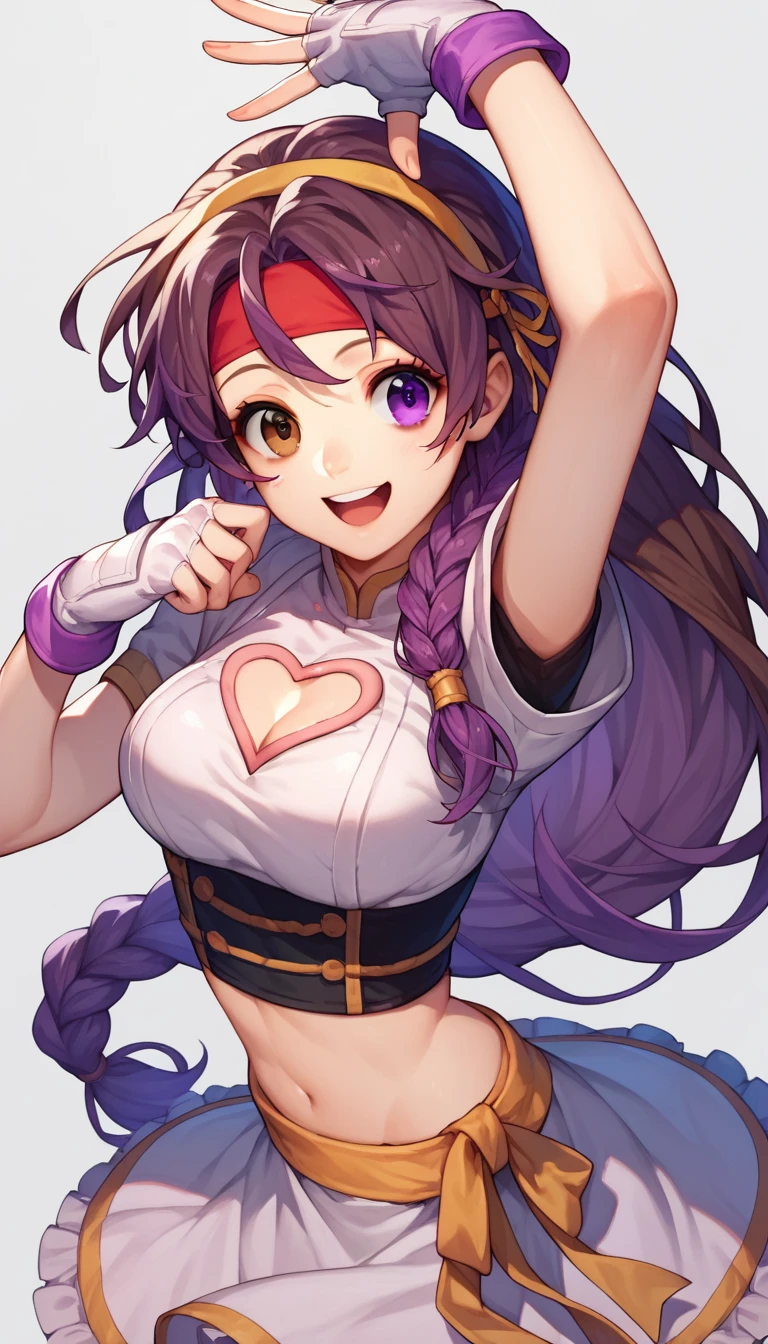 Score_9, score_8_up, score_7_up,score_6_up, score_5_up, score_4_up , 1girl, solo, ((Split hair)), ((brown hair)), ((purple hair)). heterochromia, brown eyes and purple eyes, AthenaAsa2003, purple hair, hairband, long hair, white gloves, midriff, cleavage cutout, heart cutout,   frilled skirt, ysakazaki,, dougi, spandex, headband, fingerless gloves, , brown hair, brown eyes, single braid, happy, cowboy shot, simple background