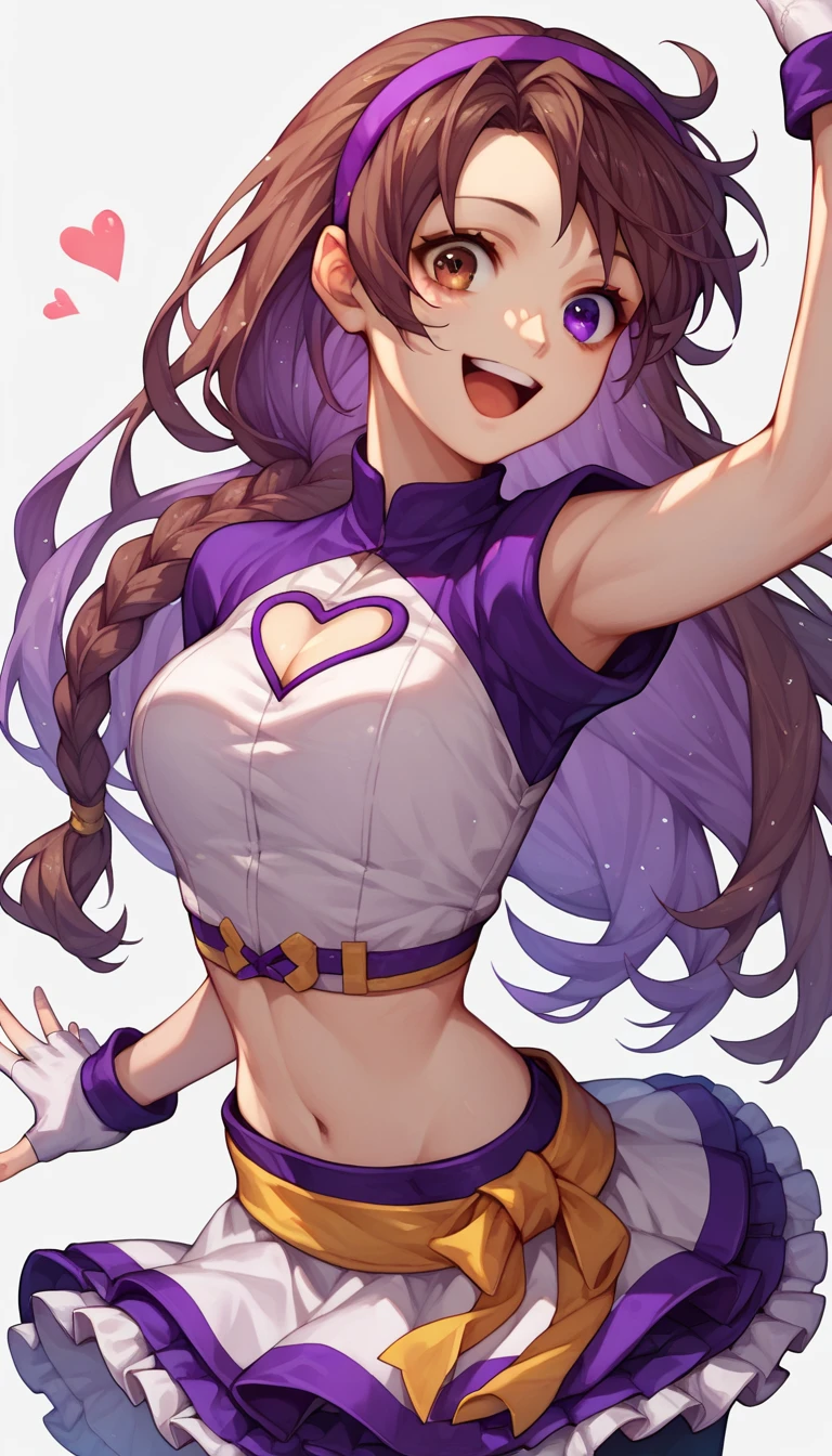 Score_9, score_8_up, score_7_up,score_6_up, score_5_up, score_4_up , 1girl, solo, ((Split hair)), ((brown hair)), ((purple hair)). heterochromia, brown eyes and purple eyes, AthenaAsa2003, purple hair, hairband, long hair, white gloves, midriff, cleavage cutout, heart cutout,   frilled skirt, ysakazaki,, dougi, spandex, headband, fingerless gloves, , brown hair, brown eyes, single braid, happy, cowboy shot, simple background