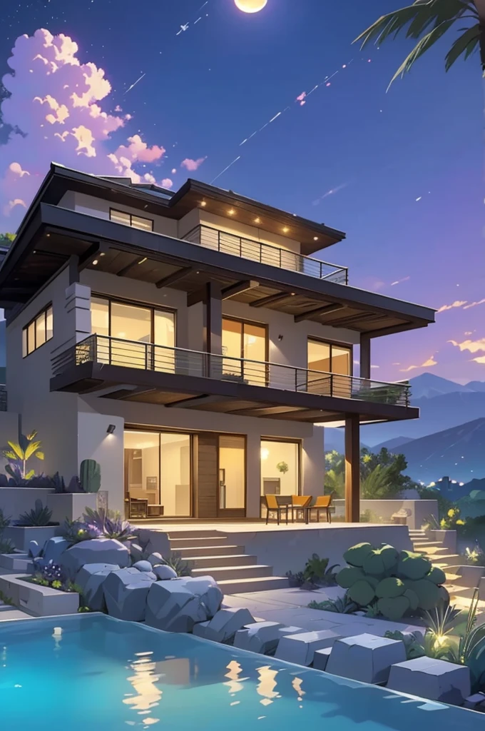 small and beautiful modern house in top of big boulders, terraces, pool, stairs, multiple cacti gardens, palms, trees, rocks, beautiful landscape design, mountains and volcano y background, amazing clouds, sun, moon, planets, milky way galaxy, concrete, wood, glass and steel materials, olive green, violet, orange and withe colors in facade