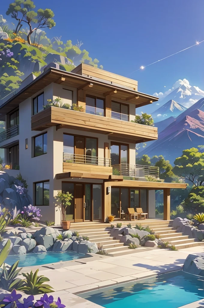 small and beautiful modern house in top of big boulders, terraces, pool, stairs, multiple cacti gardens, palms, trees, rocks, beautiful landscape design, mountains and volcano y background, amazing clouds, sun, moon, planets, milky way galaxy, concrete, wood, glass and steel materials, olive green, violet, orange and withe colors in facade