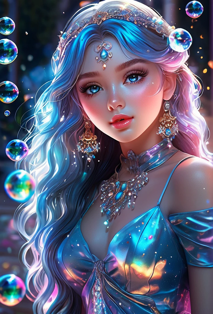 Full body angle, realistic girl, beautiful detailed eyes, beautiful detailed lips, highly detailed eyes and face, long eyelashes, spiritual, floating, dramatic lighting, vivid colors, glowing glass, colorful bubbles, 8k, high quality, official art, amazingly detailed, unity, masterpiece, photorealistic, bare thighs, aqua eyes, colored contact lenses, stars in eyes, detailed hands, (highly realistic photo, natural light, photorealistic, highly detailed, photography, masterpiece, high quality), ((SFW:1.1)),