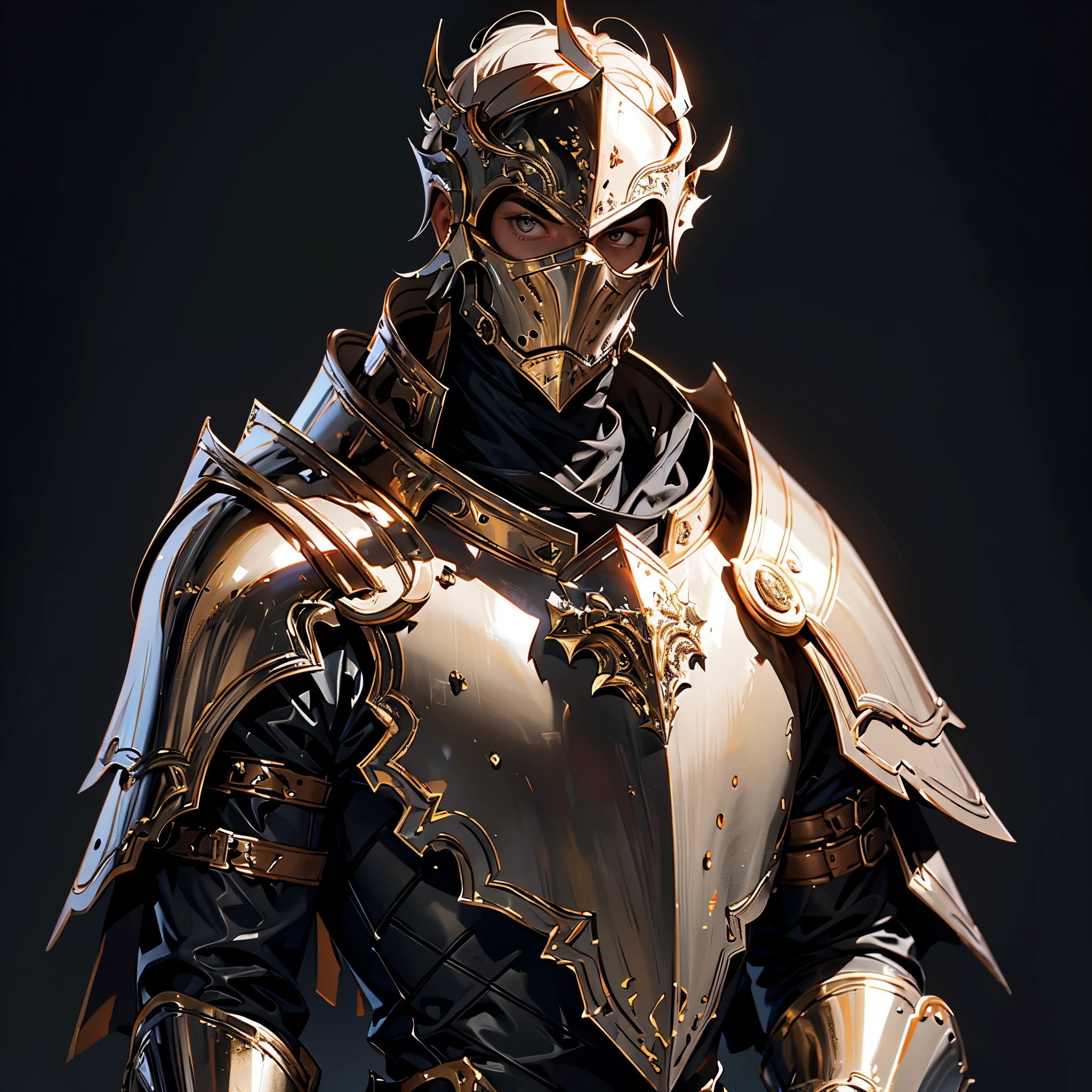 envision a 8k, highres, cinematic close up portrait of a Faceless Male Knight with a slender muscular body with Grand Golden leather armor with against a dark gray background in the style of dark fantasy
