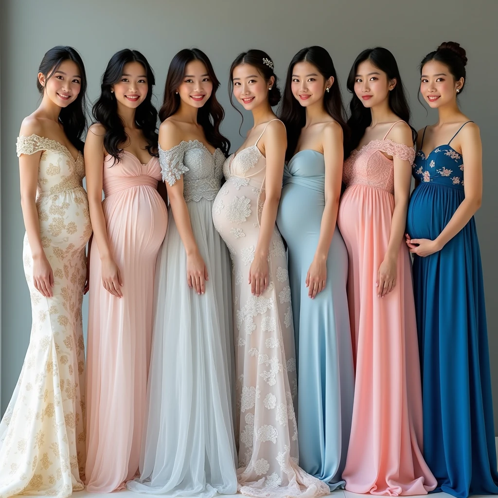 10 beautiful brides. The first and second Thai brides are sisters, 18-19 years old, wearing white and gold wedding dresses with Thai patterns. The third and fourth Lao brides are sisters, 18-1, wearing silver-white lace wedding dresses. The fifth and sixth Japanese brides are sisters, 19-20 years old, wearing grey wedding dresses with cloud patterns. The seventh and eighth South Korean brides are sisters, 20-21 years old, wearing pink wedding dresses with swan patterns. The ninth and tenth Taiwanese brides are sisters, 20-2, wearing blue wedding dresses. All the brides are pregnant, standing and posing for photos with beautiful smiles.