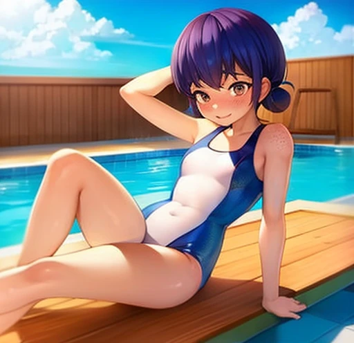 Shy teen girl with freckles blushing hair and brown eyes sexy wearing erotic one piece swimsuit in swimming pool doing sexy pose with legs open full body 