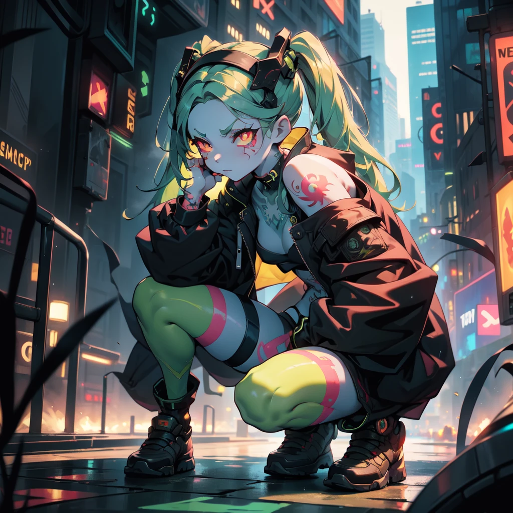 night, cyberpunk city, crouching by the side of the road, pov,(solo,full body, rebecca, yellow eye, mechanical eye, red sclera, twintails, leg tattoo, colored skin, tattoo, petite, black hairband, green hair, neck tattoo, small breasts, headgear, long hair, stomach tattoo), smoking, ((masterpiece)), best quality