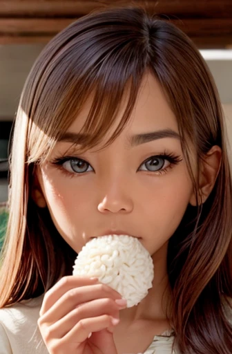 Woman looking at camera holding rice ball close to her mouth、Triangular rice balls