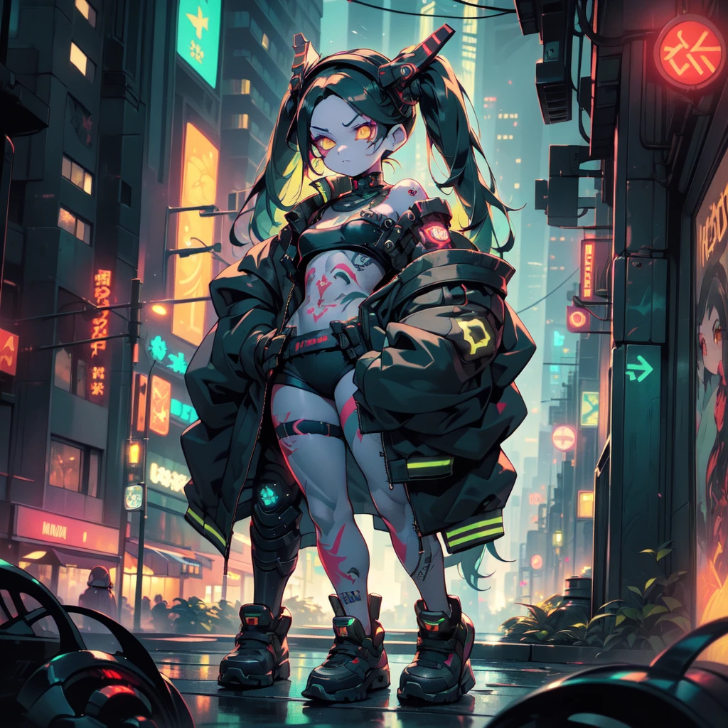 night, Cyberpunk City,,(alone,whole body, Rebecca, Yellow Eyes, Machine Eyes, Red sclera, Twin tails, leg tattoo, Skin of color, tattoo, small, Black hair band, Green Hair, neck tattoo, small胸, headgear, Long Hair, stomach tattoo), ((masterpiece)), Highest quality、Butt