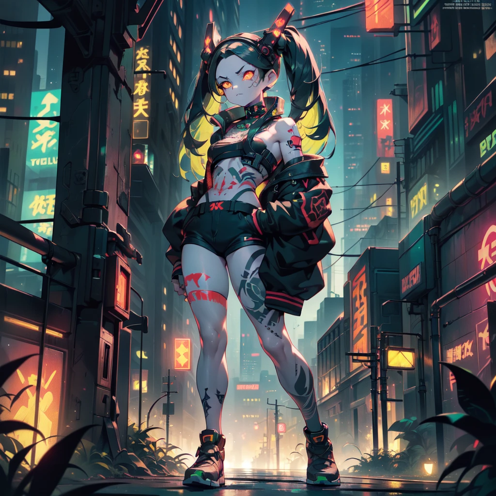 night, Cyberpunk City,,(alone,whole body, Rebecca, Yellow Eyes, Machine Eyes, Red sclera, Twin tails, leg tattoo, Skin of color, tattoo, small, Black hair band, Green Hair, neck tattoo, small胸, headgear, Long Hair, stomach tattoo), ((masterpiece)), Highest quality、Butt