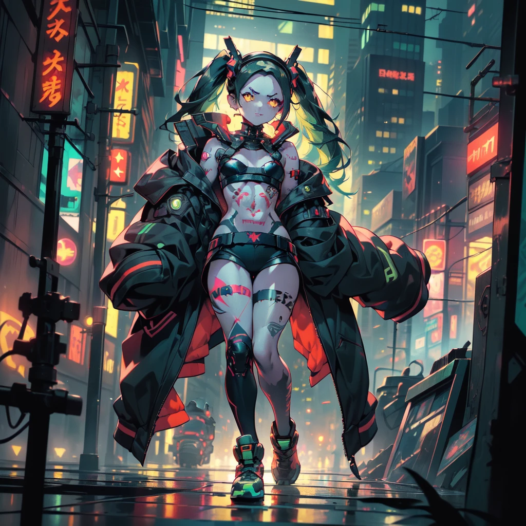 night, Cyberpunk City,,(alone,whole body, Rebecca, Yellow Eyes, Machine Eyes, Red sclera, Twin tails, leg tattoo, Skin of color, tattoo, small, Black hair band, Green Hair, neck tattoo, small胸, headgear, Long Hair, stomach tattoo), ((masterpiece)), Highest quality、Butt tongue out, Intimidation、