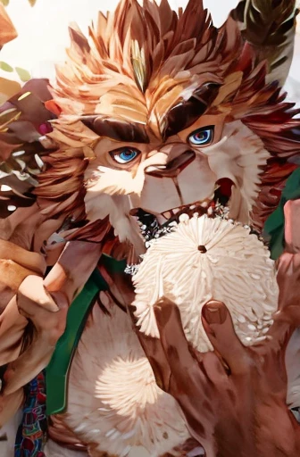 A beastman looking at the camera and bringing a rice ball to his mouth、Triangular rice balls