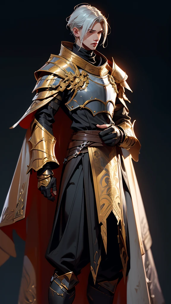 envision a 8k, highres, cinematic full body concept art design sheet of a Faceless Male Knight with a slender muscular body with Grand Golden leather armor with against a dark gray background in the style of dark fantasy