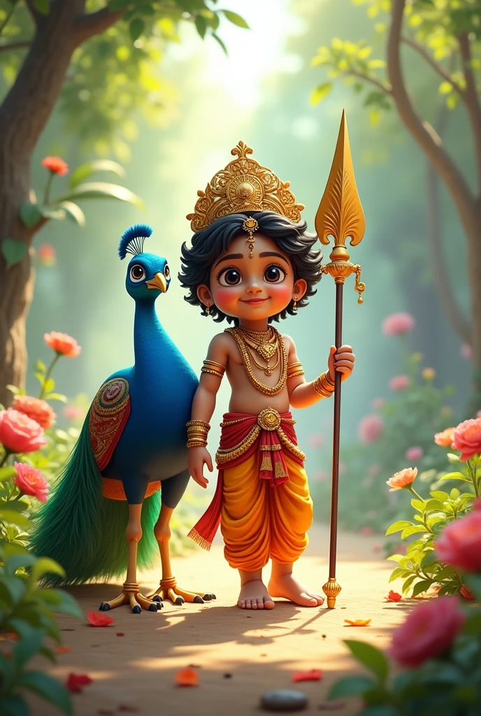 Realistic image of Lord murugan as a 6 year old boy in forest, normal human face and normal human eyes, no animated eyes, eyes facing the camera, create high quality realistic image, Landscape of a forest with a waterfall, bight sky, vibrant colors, looking with smile, holding a divine spear called vel in his hand, wearing a golden crown and golden ornaments, with h a peacock by his side, environment is forest with a temple in the background, image should ultra clear, hyper realistic, high quality 4k ,