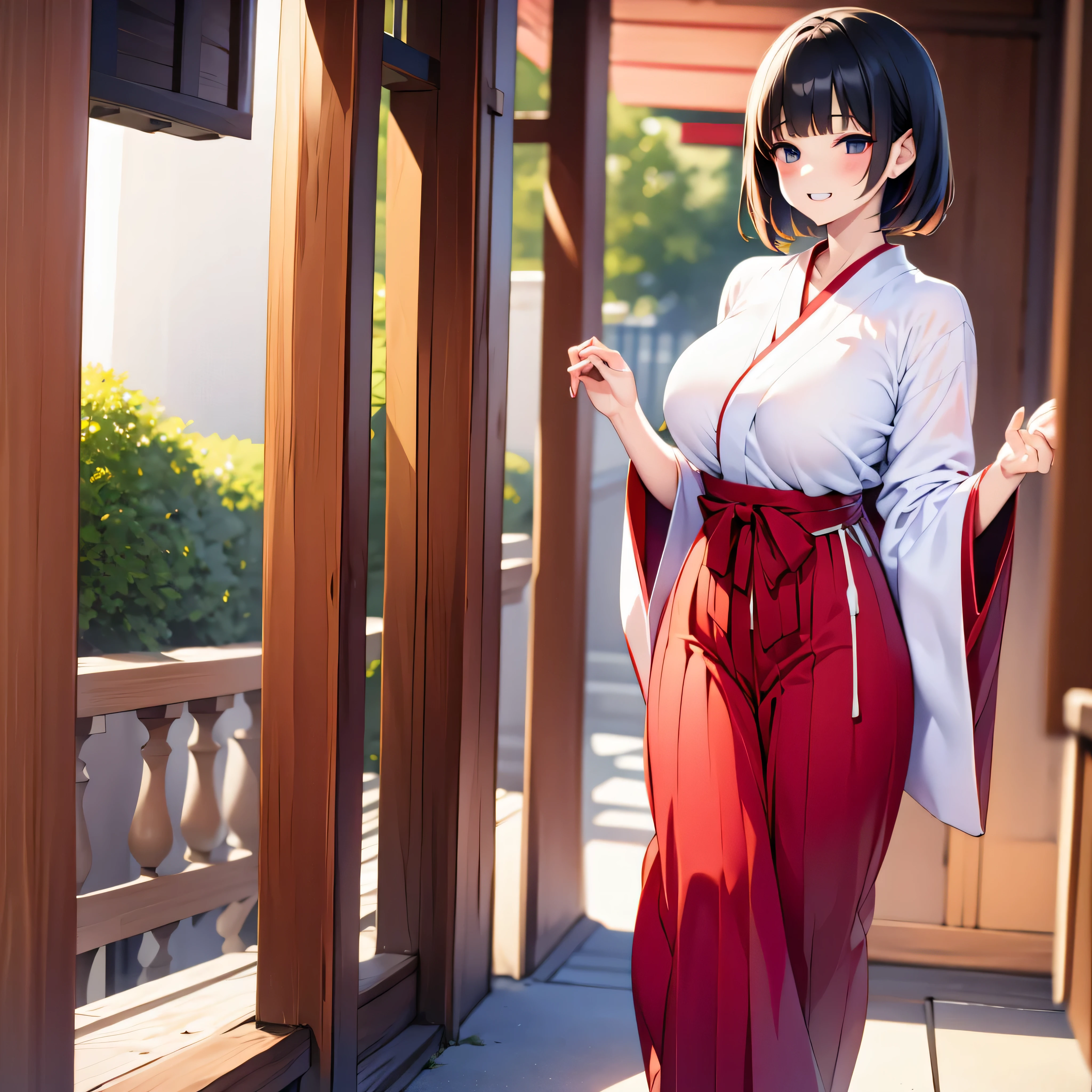 (solo), (1 skinny miko:1.2), short torso, long skinny legs, bursting large breasts, BREAK, miko, red short hakama skirt, thigh gap, BREAK, swaying back, forced smile, constrained smile, grin, no emotion, nose blush, BREAK, open mouth, (nsfw:0.5), heavy breathing, orgasm, pussy juice