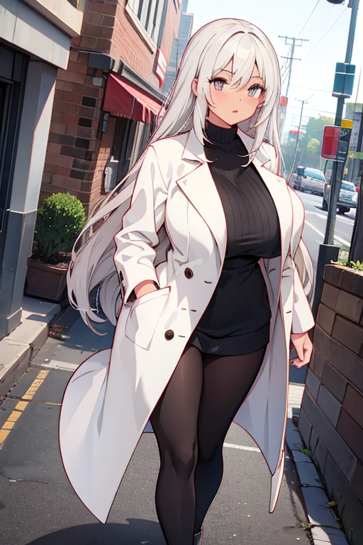 1 cute big breasted girl with brown skin and long white hair with gray eyes wearing a black and white coat and a black sweatshirt walking 