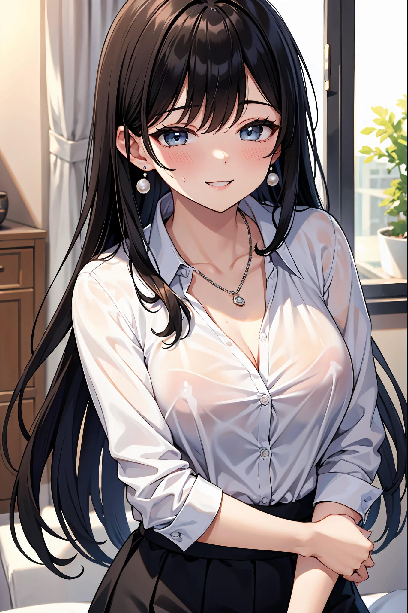 （（super high quality,））（（Ultra-high resolution,））（16K,）（super masterpiece,）（（Ultra HD ,））（Detailed shading,）The living room bathed in morning sunlight,Upper body photo,One sexy mother,Staring at me,（（popped Tight collar White shirts,））The second button is undone,Folded sleeves,（Black tight skirt,）,blush,smile,necklace,Pearl Earrings,wedding ring,Touching the head with one hand,Sweaty,