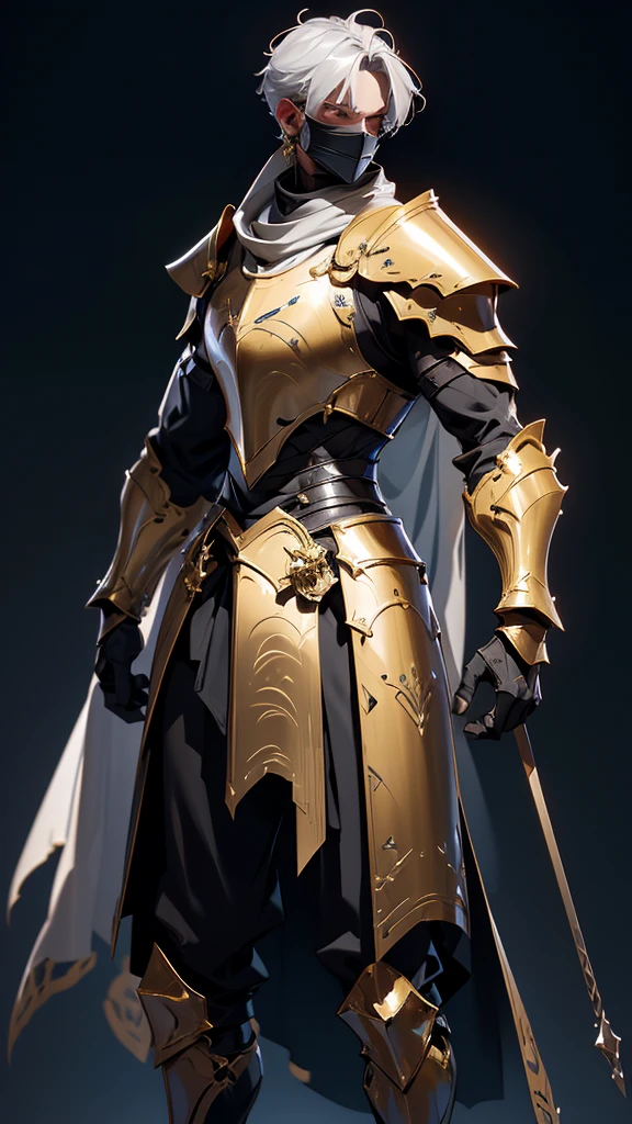 envision a 8k, highres, cinematic full body concept art design sheet of a Faceless Male Knight with a slender muscular body wit Gold and Silver armor with against a dark gray background in the style of dark fantasy