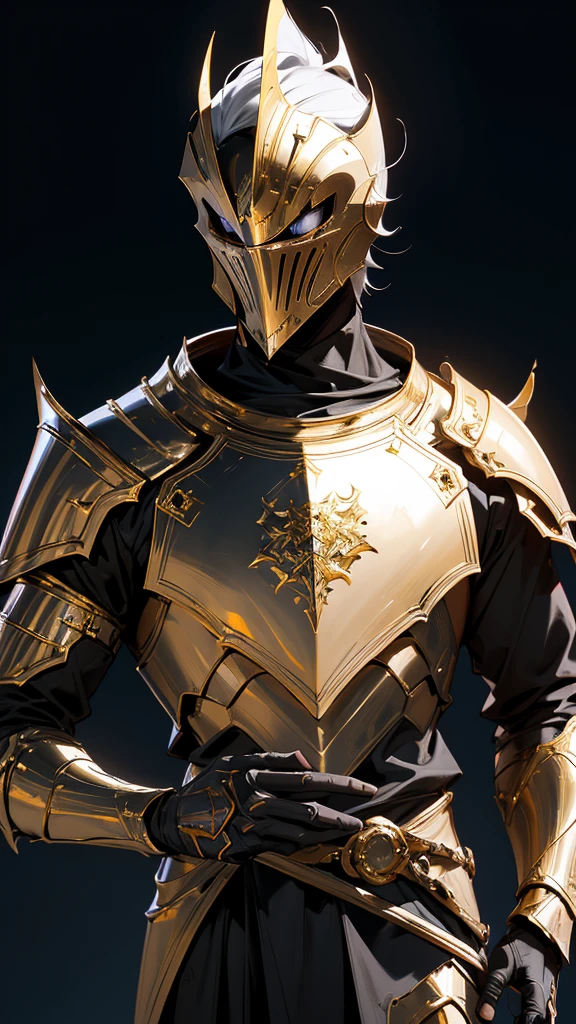 envision a 8k, highres, cinematic full body concept art design sheet of a Faceless Male Knight with a slender muscular body wit Gold and Silver armor with against a dark gray background in the style of dark fantasy