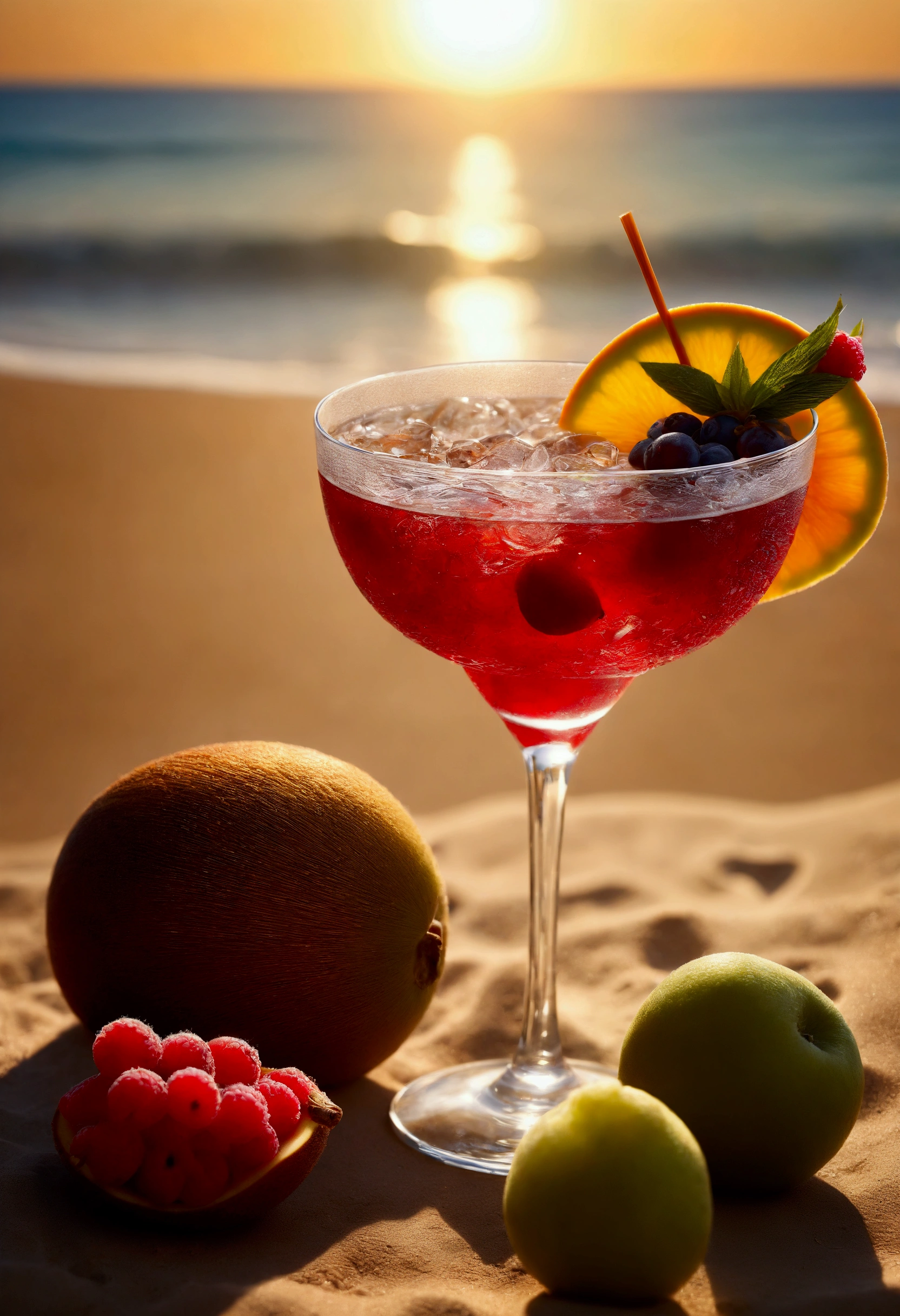 Cocktail with fruit on table on beach, intense backlight, sun in background, glasses glistening in light, blurred background, 
Masterpiece, Best Quality, Ultra high Detailes, intricate details, intricate detail texture, 