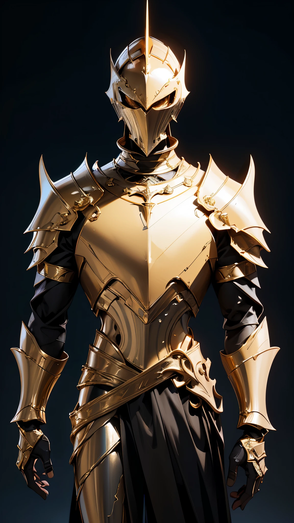 envision a 8k, highres, cinematic full body concept art design sheet of a Faceless Male Knight with a slender muscular body wit Gold and Silver armor with against a dark gray background in the style of dark fantasy