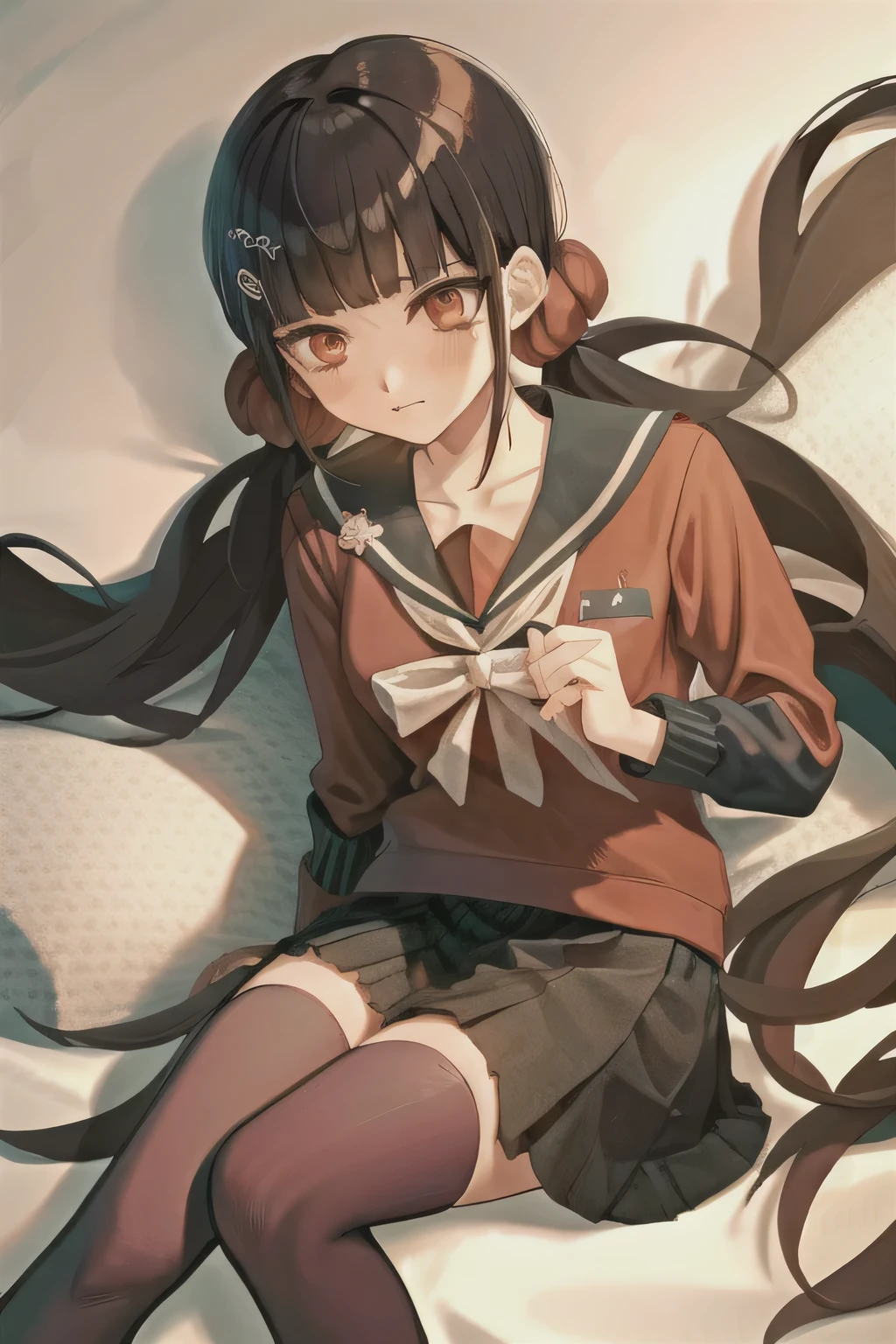 Futa Girl with closed eyes sleeping is lying in a bed sleeping with shy cute female viwer. Danganronpa Maki Harukawa, 1girl, red scrunchie, hair scrunchie, red legwear, thighhighs, skirt, school uniform, solo, red shirt, pleated skirt, bangs, shirt, eyes closed because she sleep in bed, sailor collar, serafuku, long sleeves, sitting, blunt bangs, hairclip, black skirt, breasts, closed mouth, black sailor collar, eyebrows visible through hair, zettai ryouiki, bedroom background, collarbone, futa, bisexual. 