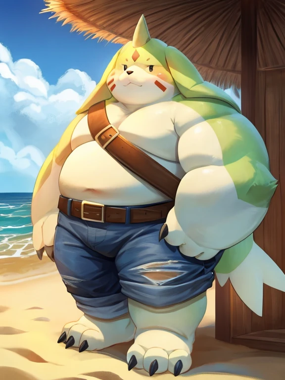 Gargomon、,Very very tall、Thick animal-like legs、cheeks with fat、Thick arms、Huge torso、Thick neck、Thick neck、Sharp Claws、feet covered in fat, Thick twisted horns, At the Beach, There is a belt on the left shoulder, Wearing pants