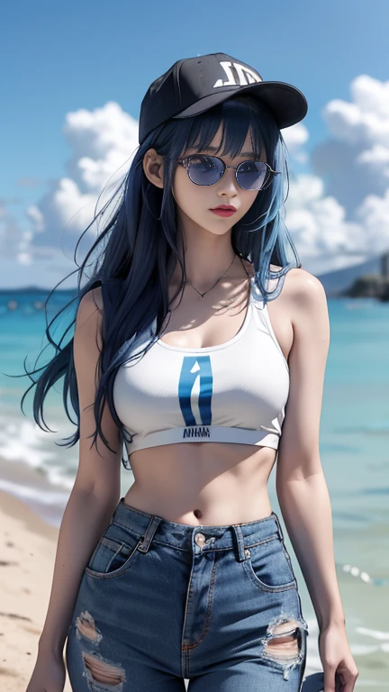 masterpiece, Highest quality, Pixiv, Cool girl, The best sports girl, basketball, Popular characters, Baseball cap, Stylish sunglasses, Cute bra and panties, Blue Hair, Blunt bangs, Straight bangs, Colored contact lenses, Gal, Improve、Heavy Large 、、blue sea、The best oceans、blue sky、Cumulonimbus、Burning Sun、