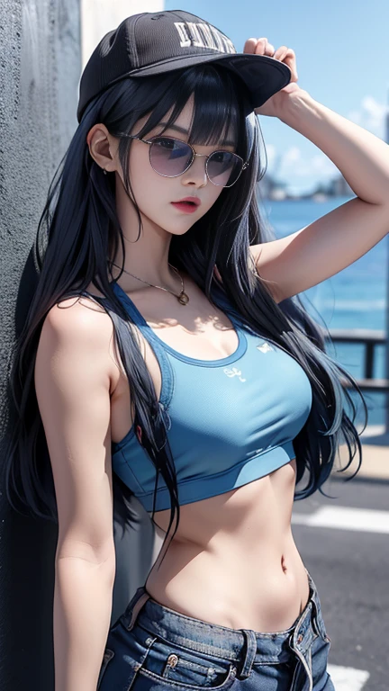 masterpiece, Highest quality, Pixiv, Cool girl, The best sports girl, basketball, Popular characters, Baseball cap, Stylish sunglasses, Cute bra and panties, Blue Hair, Blunt bangs, Straight bangs, Colored contact lenses, Gal, Improve、Heavy Large 、、blue sea、The best oceans、blue sky、Cumulonimbus、Burning Sun、