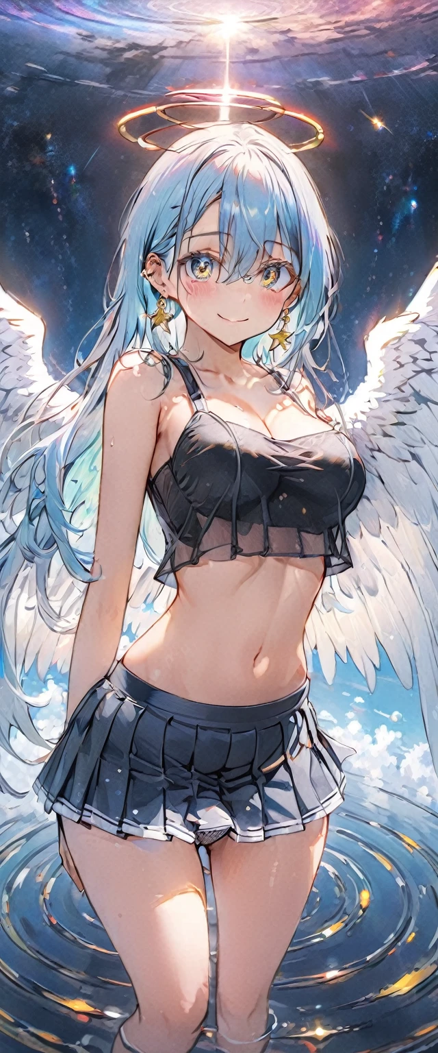 anime illustration, ((((highest quality)))), (((Ultra-precision CG 16K))), (((masterpiece))), BREAK skinny body, slender waist, medium Breasts, cleavage, (((perky breasts))), ((sagging breasts)), (covered nipples), (((tanned skin, tan lines))) , BREAK (written in detail of face, smiling, blush, determined expression, sweaty , Heavy breathing, embarrassed, ) , (natural make), BREAK narrow eyes, (streaked hair, hair intakes, colored inner hair, long premium hair, ((The tip of the hair that stands on end turns into beautiful shiny angel ring ))) BREAK (((angel wings, wearing sexy cropped top , wearing pleats mini-skirt, breasts is covered by outfit, (detailed panty), Narrow aisles,))) , wearing earrings , BREAK ( stick breast out, bending over ) BREAK (( ripples , horizon , under the cosmic sky on the cosmic sea , cosmic effects, milky way, flying in the sky )), ((( extremely long shot , looking at viewer, extremely detailed eyes ))), ((Distant view, Panorama)), BREAK ((cinematic , pinup magazine pose,)) 